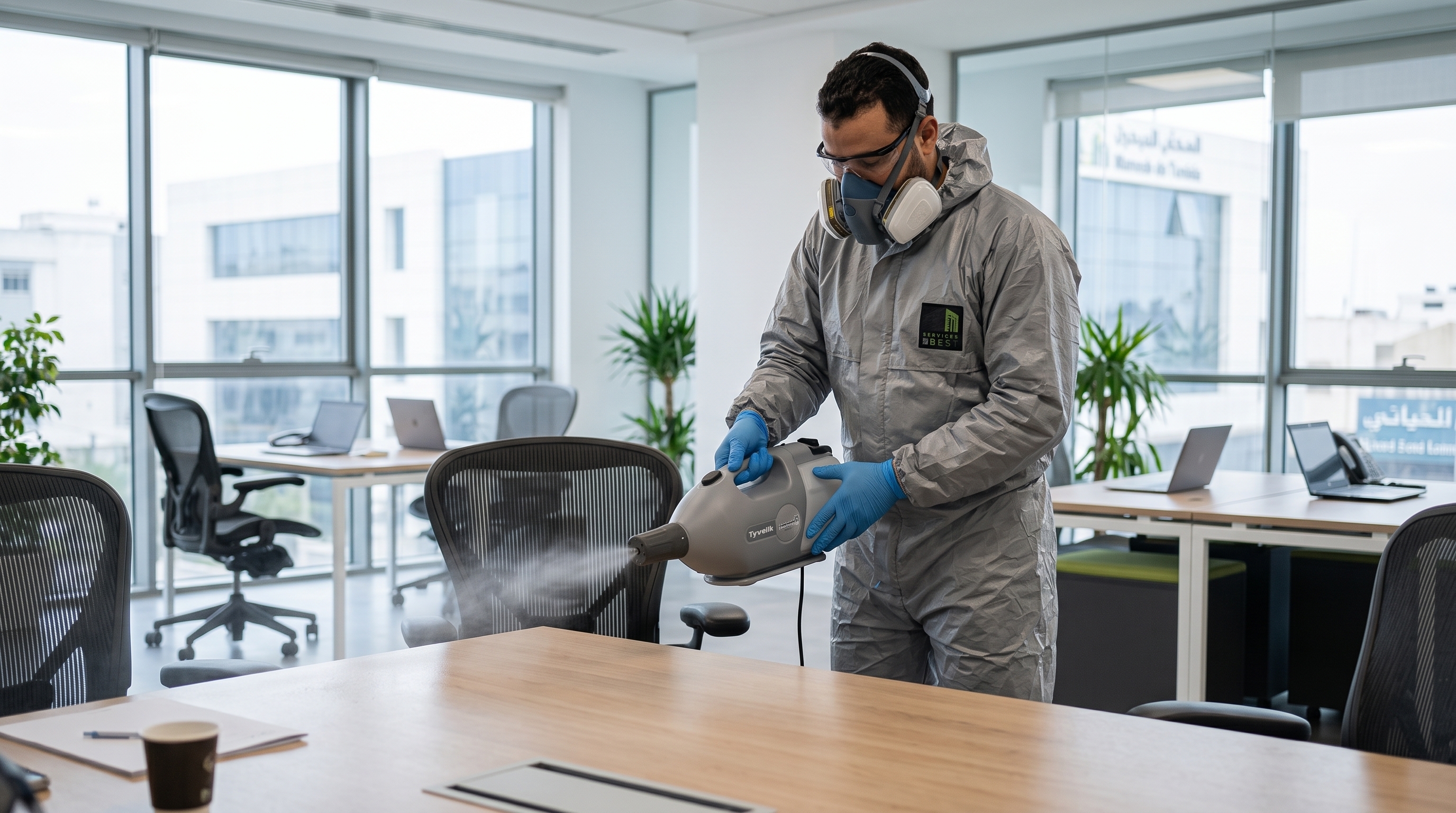 Agent réalisant une désinfection professionnelle