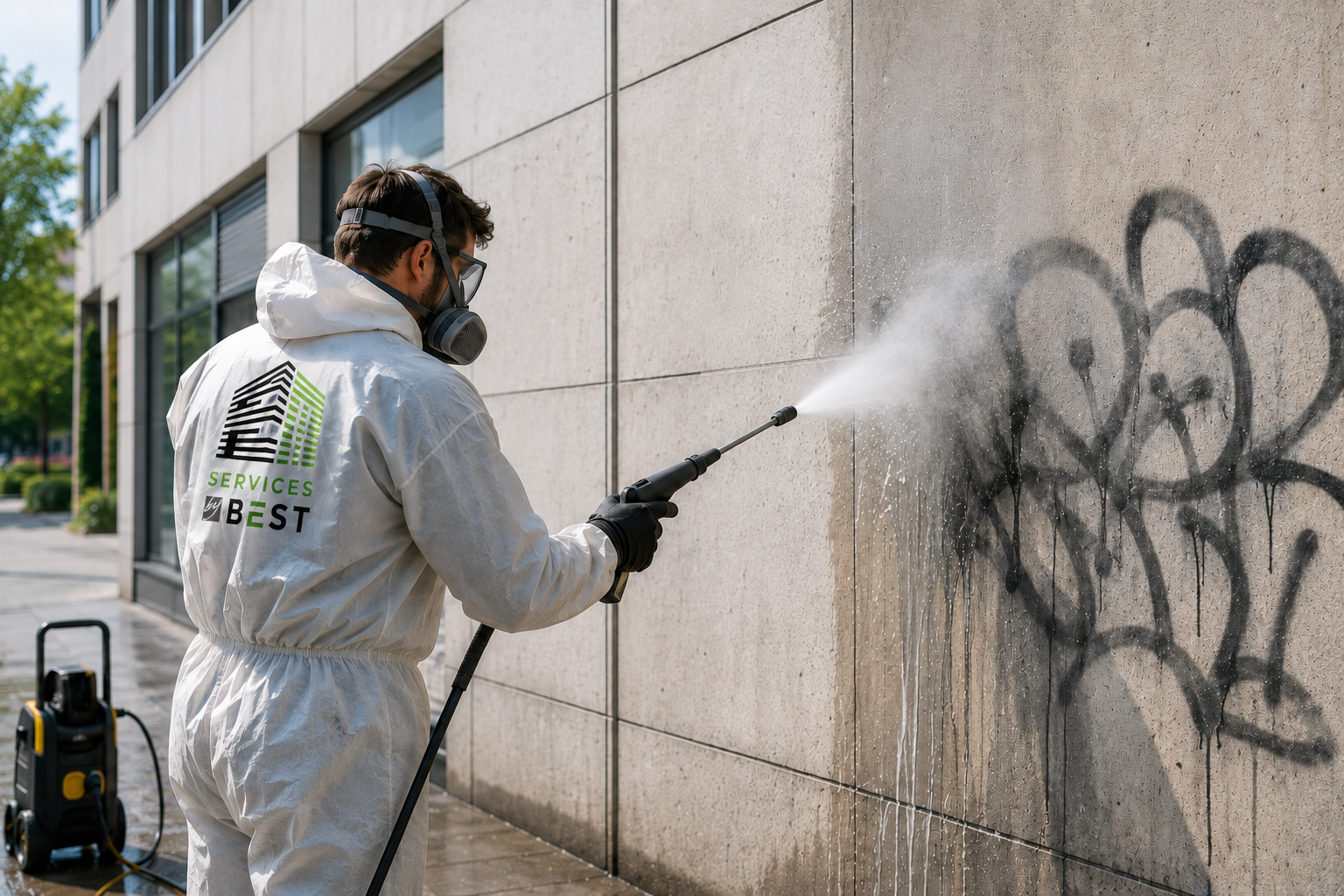 Agent traitant un graffiti sur une façade en béton