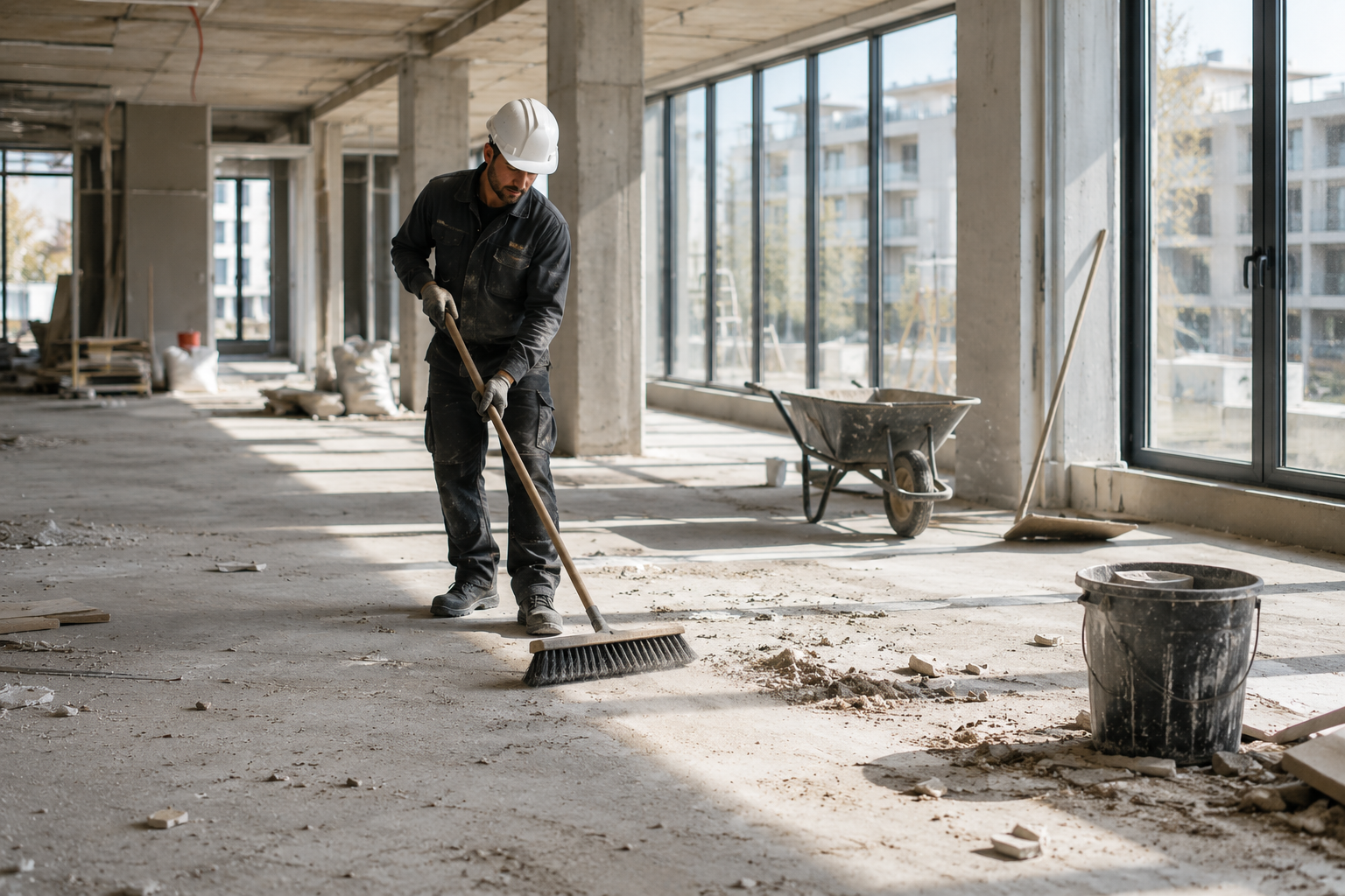 Agent balayant un sol en béton lors d'un nettoyage de fin de chantier