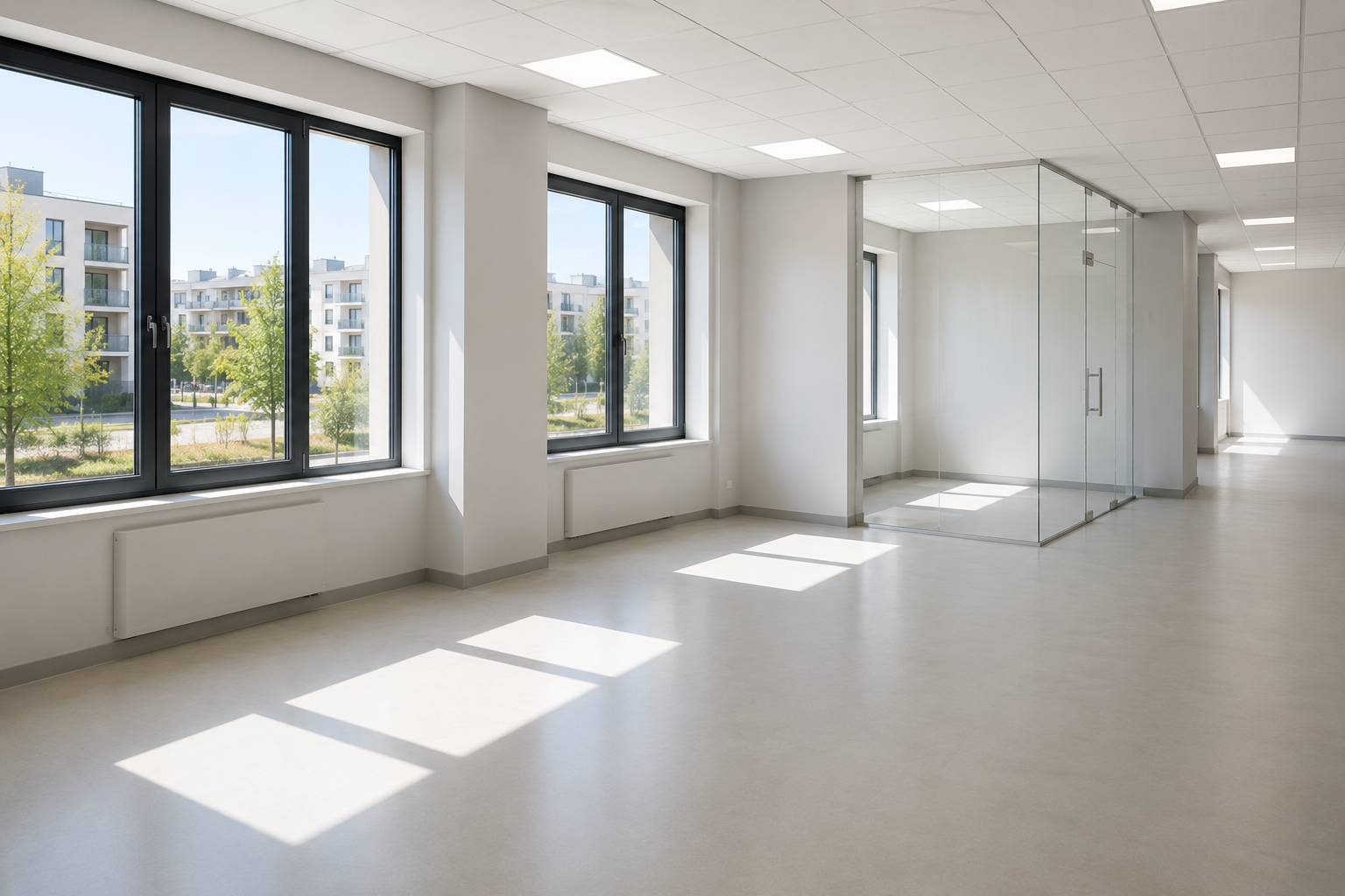 Bureaux vides remis en état, sols et vitres impeccables