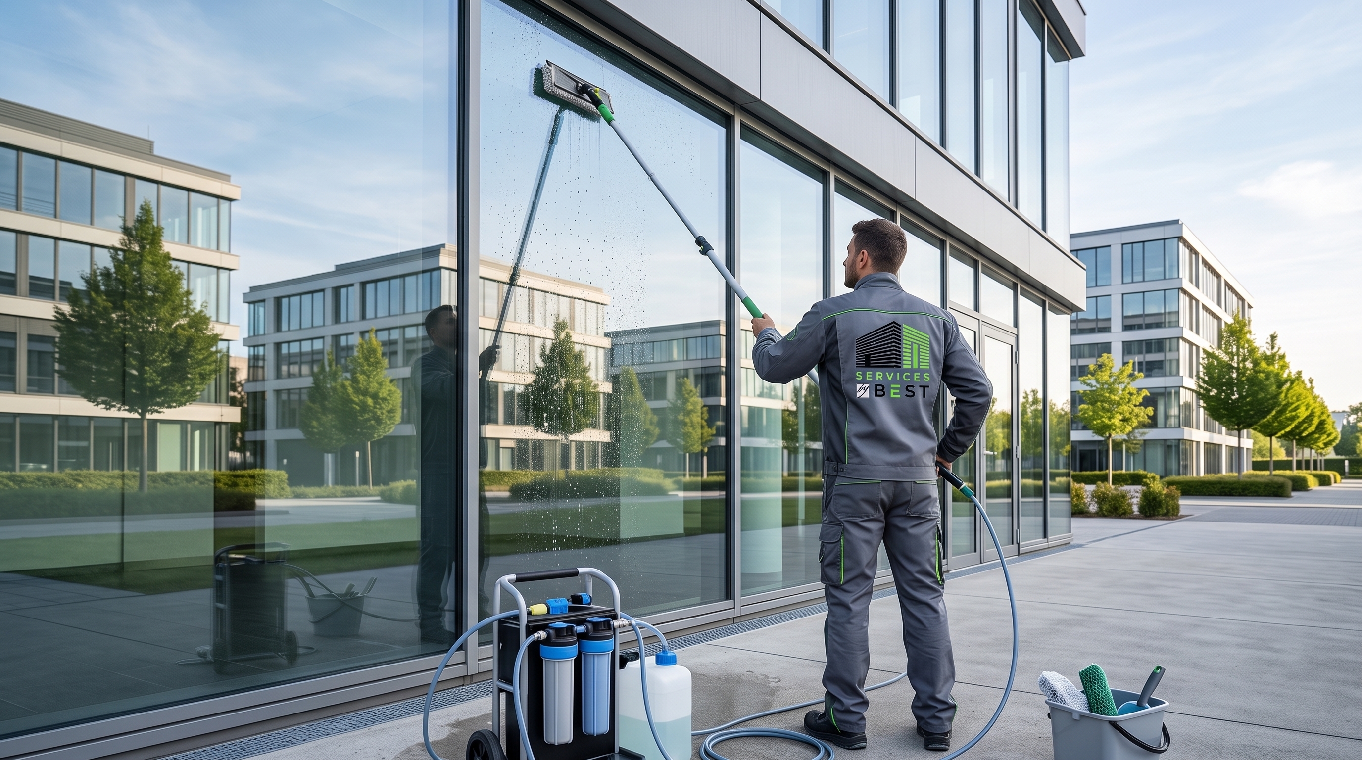 Agent réalisant une intervention de vitrerie professionnelle sur une façade vitrée